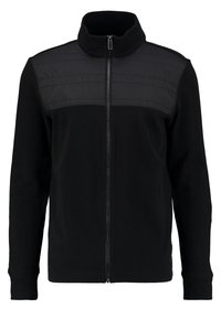 Černá bunda na zip s texturovaným panelem přes hrudník. Vyrobená z kombinace materiálů, s žebrovanými manžetami a vysokým límcem.
