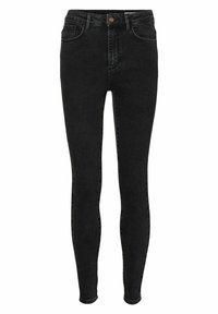 Jeans skinny de tiro alto en negro, confeccionados en denim, con cinco bolsillos, pasadores para cinturón y un cierre frontal con botón y cremallera oculta.