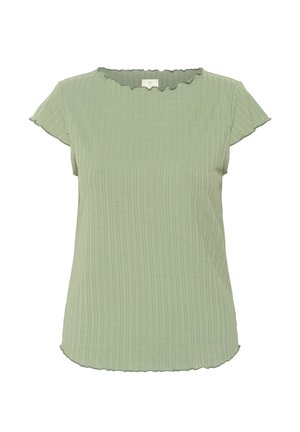 Light green ribbed top with short flutter sleeves, a scalloped neckline, and a curved hem. Made from soft, textured fabric.