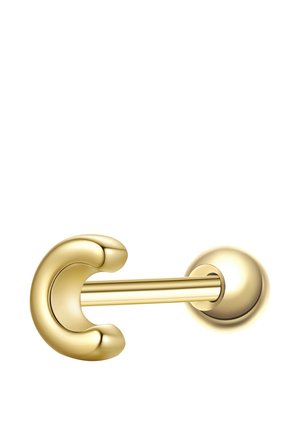 Goldfarbener, gebogener Barbell-Ohrring mit einer abgerundeten Perle an einem Ende und einem halbmondförmigen Verschluss am anderen Ende, vor weißem Hintergrund isoliert.