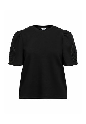 Haut noir à manches courtes avec un col rond et des manches bouffantes ; présente des embellissements texturés sur les épaules. Fabriqué en tissu doux.