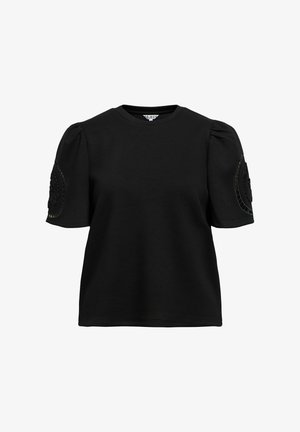 Black short-sleeve top with a round neckline and puffed sleeves; features textured embellishments on the shoulders. Made of soft fabric.