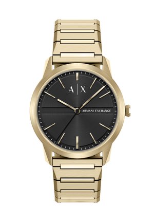 Goldfarbene Armani Exchange Armbanduhr mit schwarzem Zifferblatt und goldfarbenen Stundenmarkierungen und Zeigern, mit Metallgliederarmband.