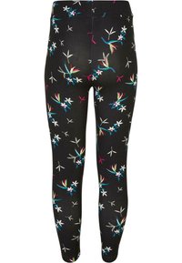 Fekete leggings virágmintával, melyen fehér virágok és színes levelek láthatók. Az anyag rugalmasnak tűnik, sima felszínnel.