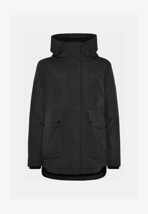 Black insulated jacket with a high collar, front zipper, two buttoned flap pockets, and contrasting stitching details.