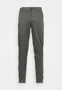 Gray slim-fit trousers with a subtle herringbone pattern, belt loops, front button, and zipper closure, displayed against a white background.