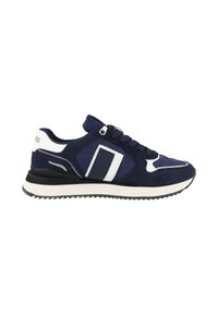 Navy blue sneaker made of suede and mesh, with white accents, a round toe, lace-up design, and a textured rubber sole.