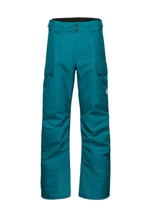 Pantalon de neige teal en tissu résistant à l'eau, doté de deux poches cargo latérales, de poignets renforcés et d'une fermeture à bouton à la taille.