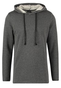 Felpa con cappuccio da uomo in fleece grigio scuro. Presenta un tessuto leggero e testurizzato, un interno grigio a contrasto e corde regolabili sul cappuccio.