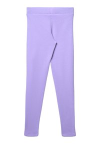 Leggings di cotone viola con una texture liscia, vita elastica e un design aderente, caratterizzati da gambe dritte e lunghe.