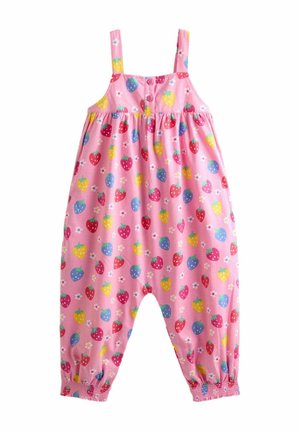 Roze mouwloos peuterpak met kleurrijke aardbeien en kleine witte bloemenprint en voorste bandjes met knopen.
