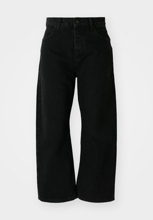 Black wide-leg jeans made of denim with a high waist. Features five pockets and a front button closure. Smooth texture and clean lines.