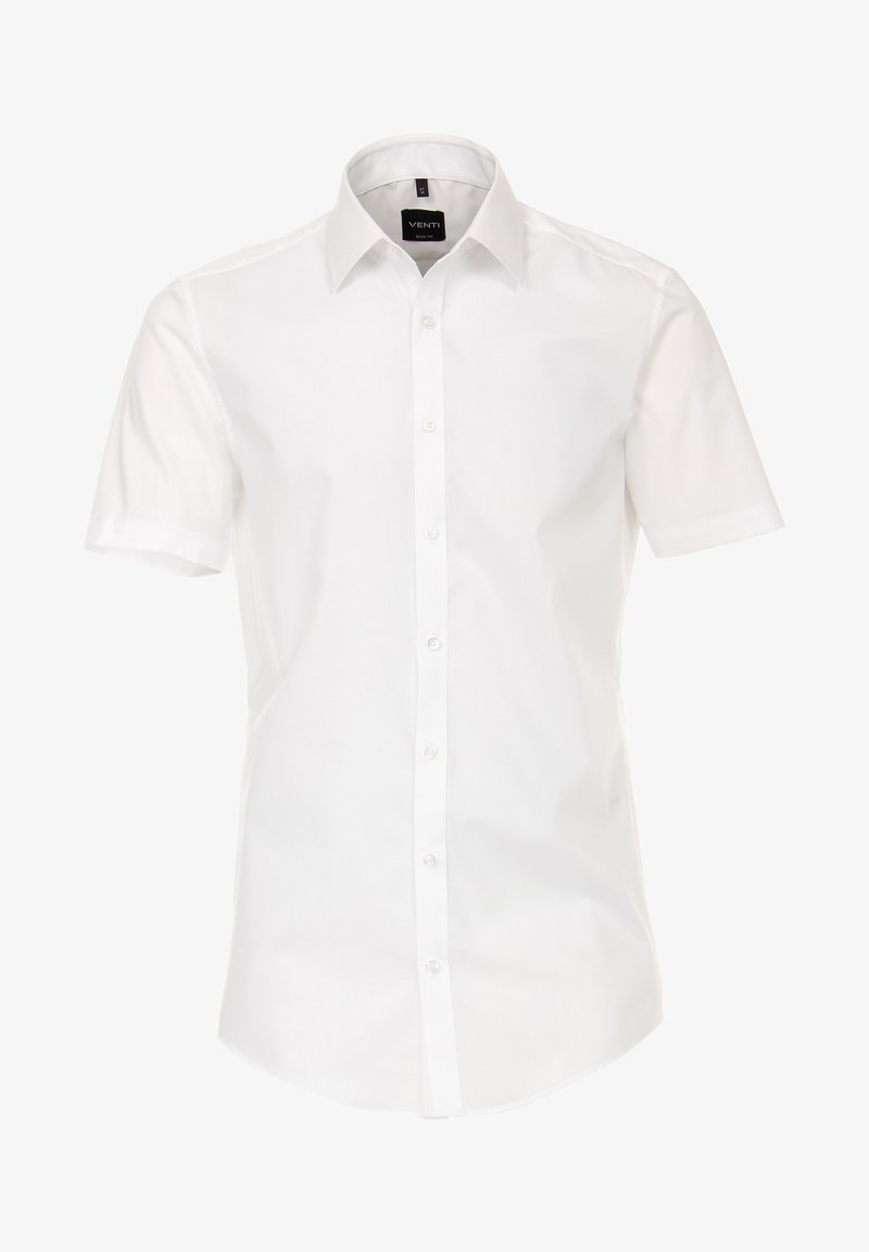 Korte mouwen witte shirt van gladde katoen, met een knoopsluiting aan de voorkant, een puntkraag en een getailleerde pasvorm. Geen patronen of accenten aanwezig.