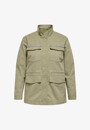 Light green jacket with a high collar, two chest pockets, and two lower pockets. Features silver trim across the chest pockets. Cotton blend material.