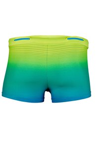 Mesh zwemshorts met een gradient ontwerp van helder groen naar blauw, met een gladde textuur en contrasterende blauwe trekkoordaccenten.
