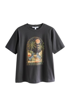 Dark gray t-shirt featuring a printed design with zebra and palm motifs in earthy tones, framed by an arched border and sun detail.