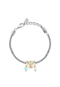 Bracciale intrecciato in argento con accenti dorati, caratterizzato da un elemento centrale con pietre trasparenti, una perla color acquamarina e un ciondolo a forma di perla.