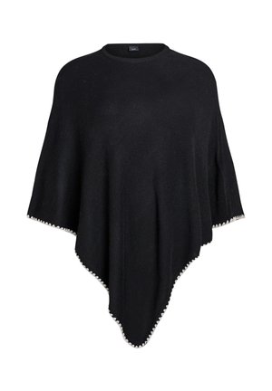 Poncho negro hecho de una tela suave, con un escote redondo y un borde decorativo en blanco a lo largo de los bordes, con una forma suelta y fluida.