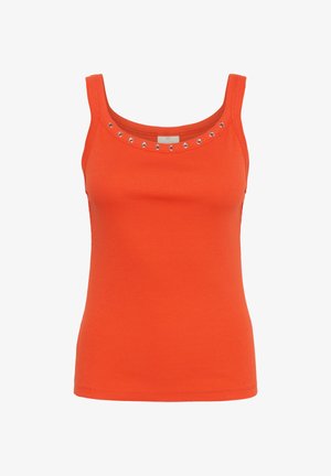 Débardeur sans manches orange vif avec des détails en œillets métalliques le long de l'encolure arrondie, réalisé en tissu côtelé.