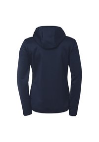 Felpa con cappuccio blu navy con maniche lunghe, texture liscia e design minimalista. Presenta un semplice retro senza accenti aggiuntivi.