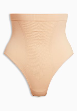 High-waisted shapewear in light beige, made of smooth, stretchy fabric with a textured pattern and a wide elastic waistband.