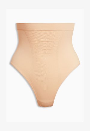 High-waisted shapewear in light beige, made of smooth, stretchy fabric with a textured pattern and a wide elastic waistband.