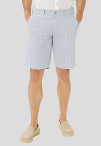 Shorts da uomo a righe blu chiaro, realizzati in un tessuto morbido, dotati di tasche laterali e chiusura con bottone, con una vestibilità comoda.