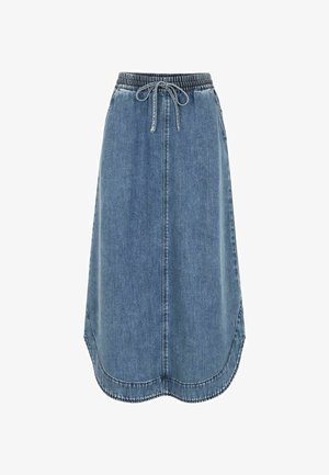 Jeansrok met een trekkoord in de taille, een licht uitlopende snit en een afgeronde zoom. De stof is medium blauw met een subtiele textuur.