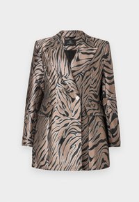 Metallisk bronseblazer med svarte zebra striper, med dobbelspent design, spiss krage og to frontlommer.