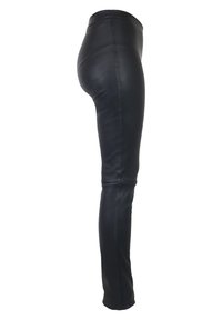 Zwarte neplederen leggings met een gladde textuur, hoge tailleband en aansluitend ontwerp. De naden lopen verticaal langs de zijkanten voor een gestroomlijnd uiterlijk.