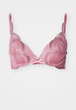 Rosa spetsbh med triangulära kupor, dekorativ sömnad och paljettdetaljer. Justerbara axelband och en hakknäppning på baksidan.