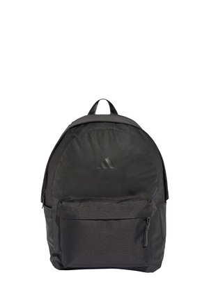 Schwarzer Adidas-Rucksack mit einer vorderen Reißverschlusstasche, Tragegriff oben, gepolsterten Schultergurten und Logo auf der Vorderseite.