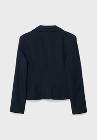 Veste bleu marine, coupe ajustée, avec col cranté, manches longues, sans fermetures visibles ; tissu lisse avec coutures structurées à l'arrière.