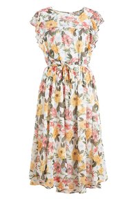 Weißes Midikleid mit gelbem und rosa Blumenmuster, Rüschensh short ärmeln und einem gebundenen Taillengürtel.