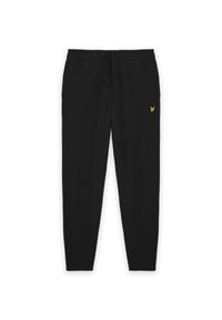Sorte sweatpants lavet af blødt stof, med en elastisk talje og snor, samt et lille gult logo på venstre side.