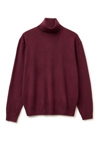 Bordeauxfarbener Rollkragenpullover aus weichem Strickstoff. Mit langen Ärmeln, einem hohen Ausschnitt sowie gerippten Bündchen und Saum.