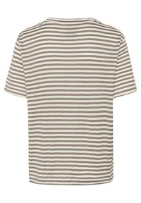 Pasiasta T-shirt z krótkim rękawem w jasnym beżu i brązie. Miękki materiał bawełniany, klasyczny okrągły dekolt, prosty dół i luźny krój.