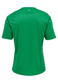 Grünes sportliches Trikot mit kurzen Ärmeln, aus glattem, leichtem Stoff gefertigt. Es hat einen runden Halsausschnitt und ein minimalistisches Design.