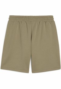 Pantalones cortos de color verde oliva hechos de una suave mezcla de algodón, con una cinturilla elástica, corte recto y sin bolsillos. Textura suave y diseño minimalista.
