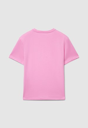 T-shirt a maniche corte in cotone rosa chiaro, con scollo rotondo e colore uniforme senza motivi o accessori visibili sul retro.