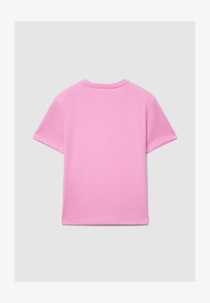 T-shirt a maniche corte in cotone rosa chiaro, con scollo rotondo e colore uniforme senza motivi o accessori visibili sul retro.
