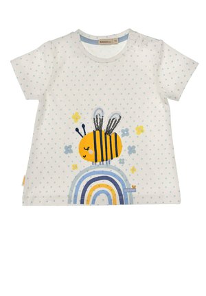Chemise blanche pour bébé avec des pois bleu clair, comportant une abeille jaune et bleue au-dessus d'un arc-en-ciel bleu et jaune agrémenté de petites fleurs.