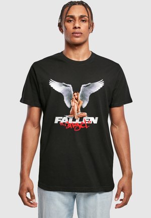 Black cotton t-shirt featuring a graphic of a figure with wings, text "FALLEN angel" in white and red, detailed design, relaxed fit.