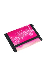 Compact wallet made of durable fabric in vibrant pink with black accents. Features a prominent white cursive design and hook.