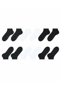 Zestaw 12 skarpetek: 6 czarnych i 6 białych. Każda skarpeta ma gładką teksturę i zaokrąglony kształt palców. Minimalistyczne logo w kontrastowych kolorach.