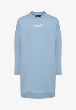 Lichtblauwe sweatshirtjurk met een ronde hals, verlaagde schouders en lange mouwen. Bevat een wit logo en een zachte stofstructuur.