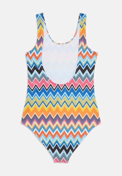 Maillot de bain une pièce avec un motif en zigzag multicolore dans des tons de bleu, orange, rose, jaune et noir. Tissu doux avec des bretelles larges.