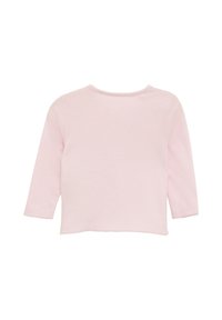 Hellrosa Langarmbabyshirt mit gewellten Kanten, von hinten auf weißem Hintergrund gezeigt.