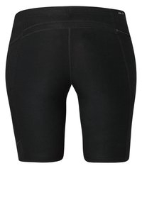 Pantaloni sportivi neri realizzati in materiale elasticizzato con una texture liscia, dotati di tasca con zip e cuciture piatte per il comfort.