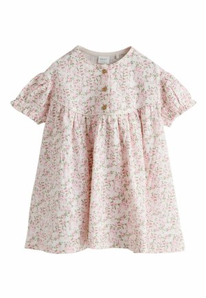 Pink toddler dress with small floral print, short puff sleeves, three wooden buttons on front yoke, and gathered skirt.
